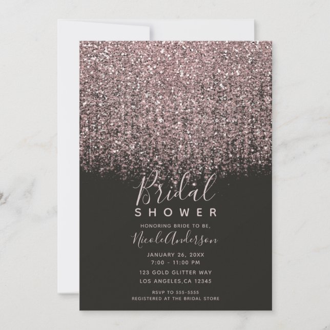 Pretty Pink Blush Glitter Black Bridal Shower Invitation (Front)