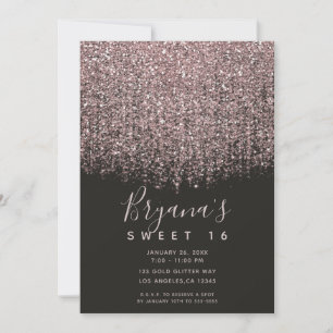 Pretty Pink Blush Glitter Black Sweet 16 Party  Invitation