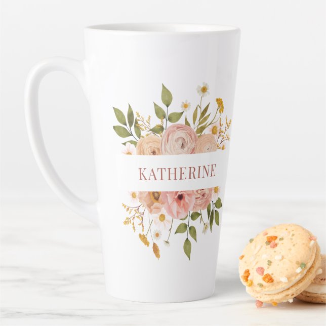 Pretty Pink Bohemian Floral Name Latte Mug (In Situ)