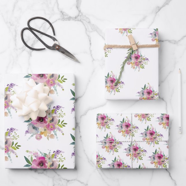 Pretty Pink Boho Floral Bouquet Wrapping Paper Sheet (Front)