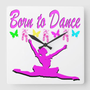 PRETTY PINK BORN TO DANCE BALLERINA DESIGN SQUARE WALL CLOCK