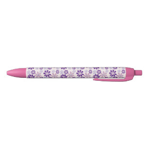 Pretty Pink Botanical Flower Pattern Black Ink Pen