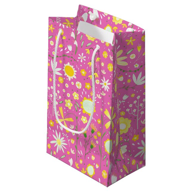 Pretty Pink Botanical Wildflower Floral Small Gift Bag (Front Angled)