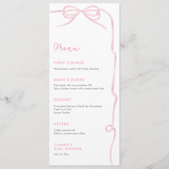 Pretty Pink Bow Baby Girl Shower Party Menu (Front)