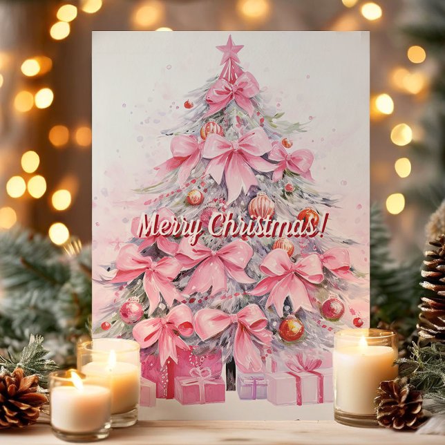 Pretty Pink Bow Christmas Tree Merry Christmas Holiday Card (Creator Uploaded)