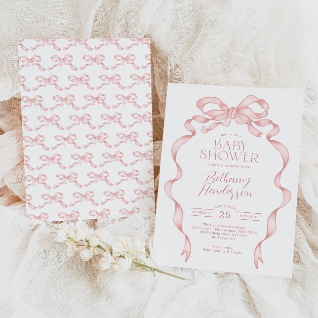 Pretty Pink Bow Ribbon Girl Baby Shower Invitation (Creator Uploaded)