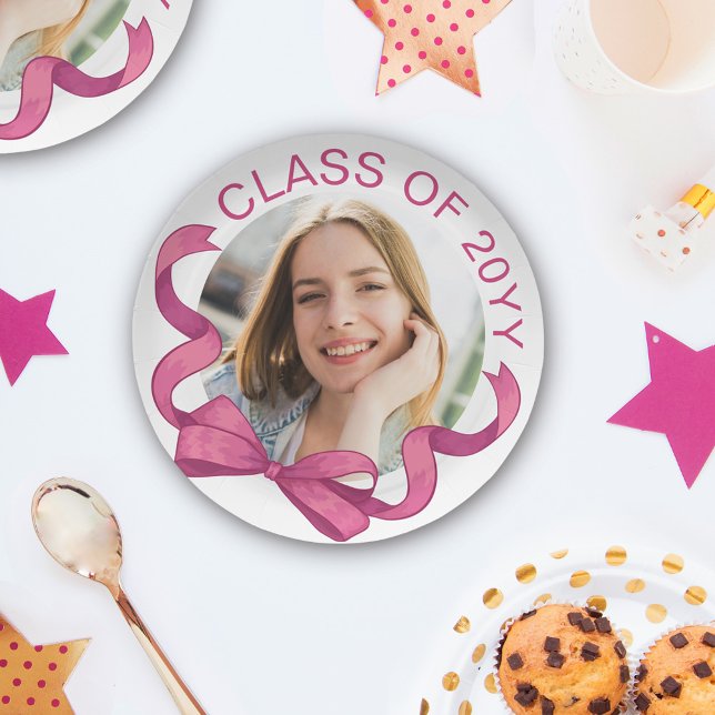Pretty Pink Bow Round Photo Year Graduation Paper Plate (Creator Uploaded)