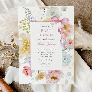 Pretty Pink Bow Wildflower Baby Shower Invitation