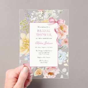 Pretty Pink Bow Wildflower Bridal Shower Acrylic Invitations