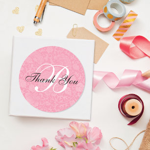 Pretty Pink Brocade Monogram Thank You Classic Round Sticker