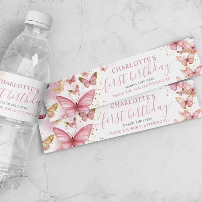 Pretty Pink Butterflies 1st Birthday Sweet 16 XV Water Bottle Label (Creator Uploaded)