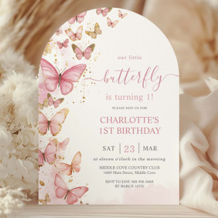 Pretty Pink Butterflies 1st First Birthday Arch Invitation