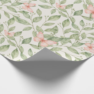 Pretty pink butterflies and green foliage wrapping paper