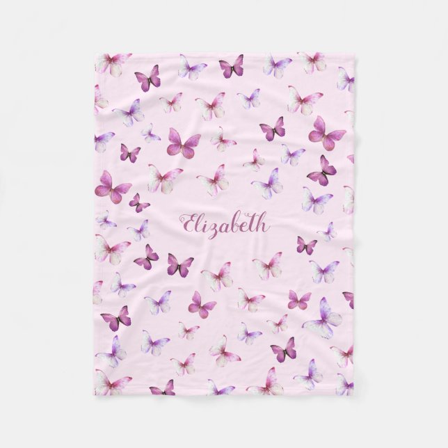 Pretty Pink Butterflies Custom Name Girl Fleece Blanket (Front)