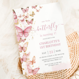 Pretty Pink Butterflies Girl 1st First Birthday  Invitation