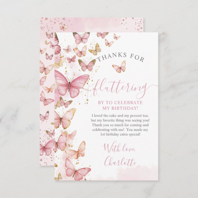 Pretty Pink Butterflies Girl 1st First Birthday  Thank You Card (Front/Back)