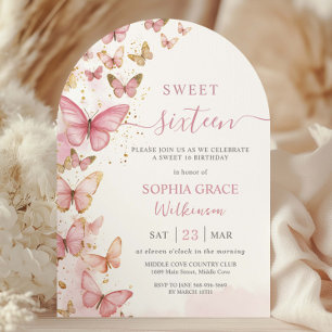 Pretty Pink Butterflies Sweet 16 Birthday Arch Invitation