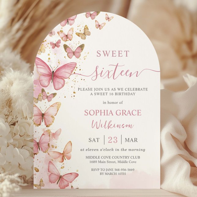 Pretty Pink Butterflies Sweet 16 Birthday Arch Invitation (Creator Uploaded)
