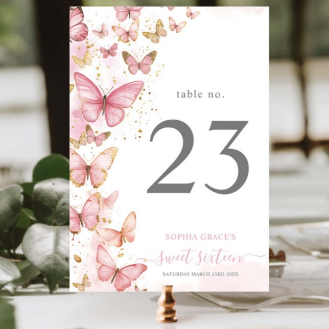 Pretty Pink Butterflies Sweet 16 Quince Birthday Table Number (Creator Uploaded)