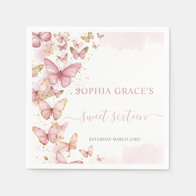 Pretty Pink Butterflies Sweet 16 Quinceanera XV 15 Napkin (Front)