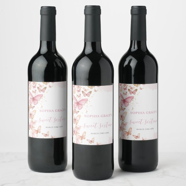 Pretty Pink Butterflies Sweet 16 Quinceanera XV 15 Wine Label (Bottles)