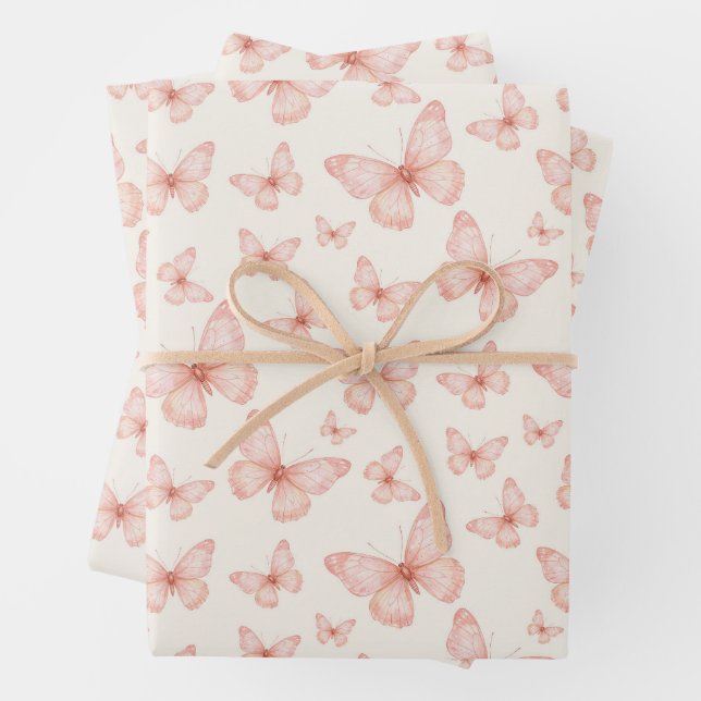 Pretty pink butterflies wrapping paper sheet (In situ)
