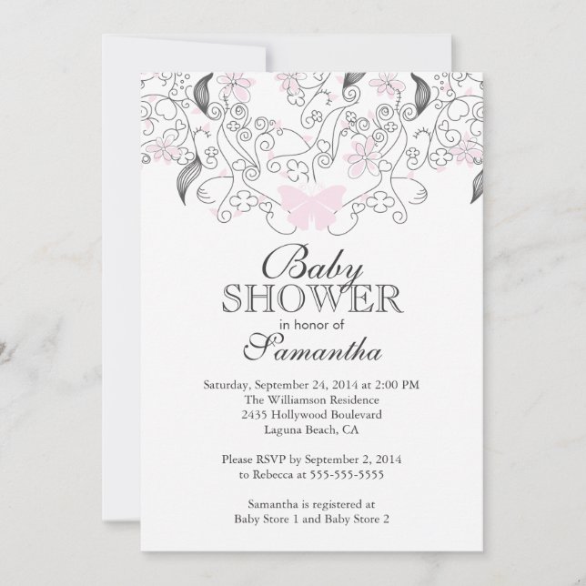 Pretty Pink Butterfly Baby Girl Baby Shower Invitation (Front)