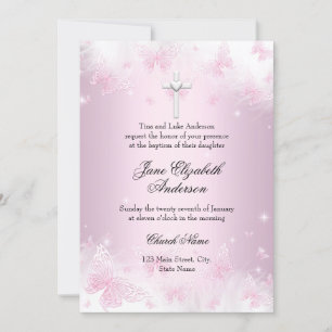 Pretty Pink Butterfly & Cross Photo Baptism Invite
