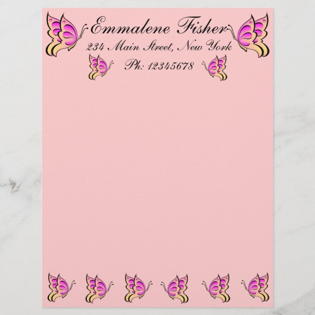 Pretty Pink Butterfly Letterhead (Front)