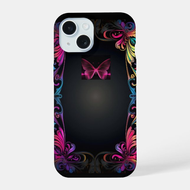 Pretty Pink Butterfly on Black iPhone 15 Case  (Back)