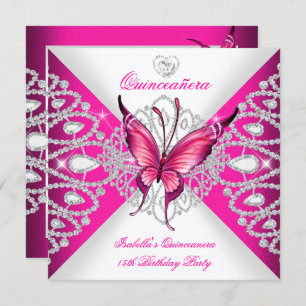 Pretty Pink Butterfly Tiara Quinceanera 15th Party Invitation