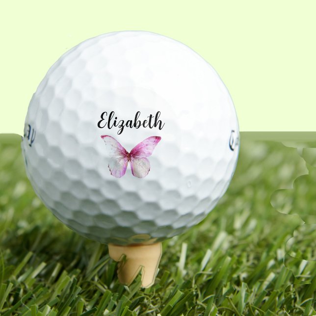 Pretty pink butterfly with custom name ladies golf balls (Creator Uploaded)
