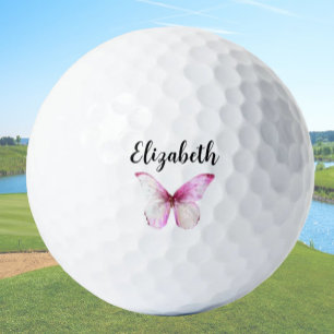 Pretty pink butterfly with custom name ladies golf balls