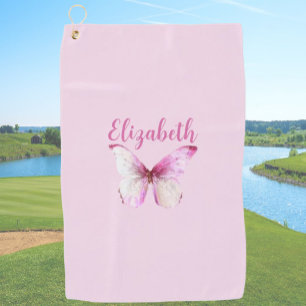 Pretty pink butterfly with custom name ladies golf towel