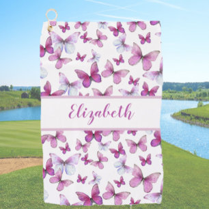 Pretty pink butterfly with custom name ladies  golf towel
