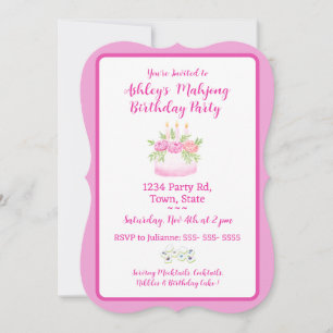Pretty Pink Cake Mahjong Birthday Party Invitation