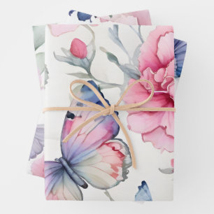 Pretty Pink Carnations Butterfly Bird Mix Wrapping Paper Sheet