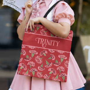 Pretty Pink Carnations on Red Personalised Tote Bag
