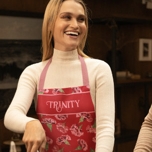 Pretty Pink Carnations on Red Personalized Apron