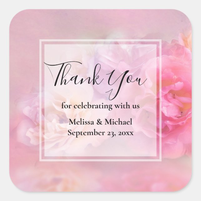 Pretty Pink Carnations Stylish Photo Thank You Square Sticker (Front)