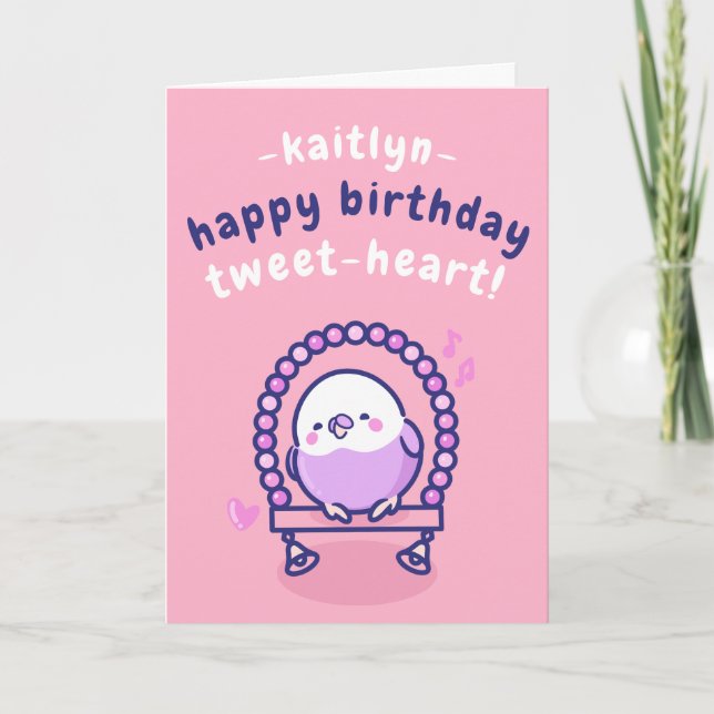 Pretty Pink Cartoon Bird Sweetheart Pun Birthday Card (Front)