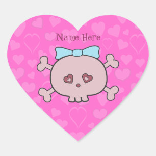 Pretty Pink Cartoon Skull & Hearts Personalised Heart Sticker