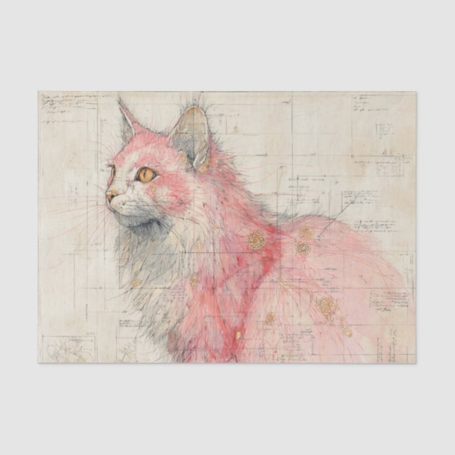 Pretty Pink Cat and Lines Illustrated on Parchment Tissue Paper (Front)