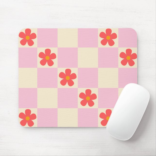 Pretty Pink Chequered & Orange Groovy Daisy Flower Mouse Pad (With Mouse)