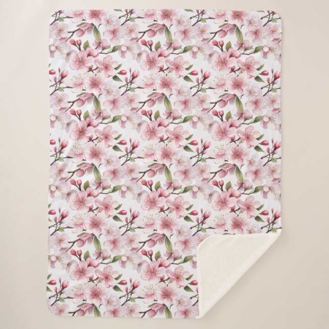 Pretty Pink Cherry Blossom Flowers Sherpa Blanket (Front)