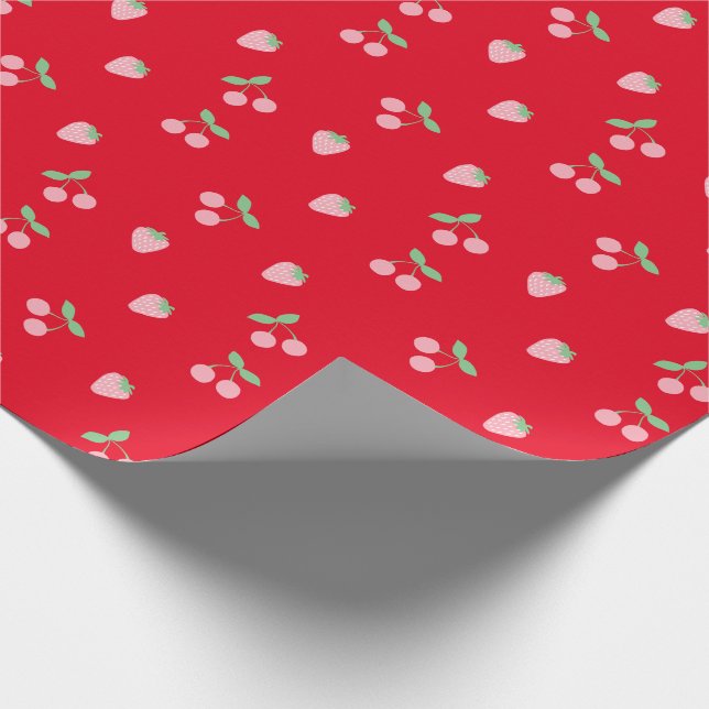 Pretty Pink Cherry Strawberry Fruit Pattern Red Wrapping Paper (Corner)