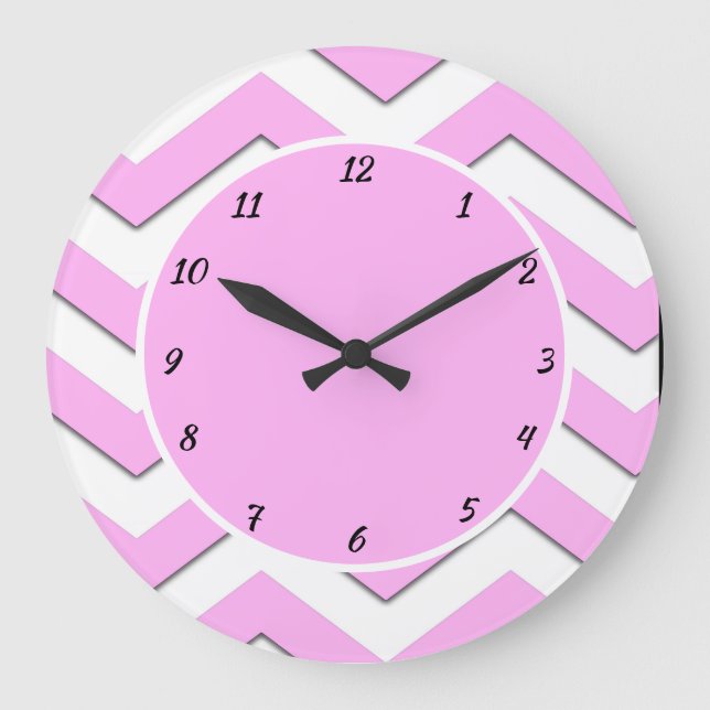 Pretty Pink Chevron Stripe Trendy Decorative Large Clock (Front)