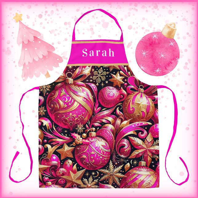 Pretty Pink Christmas Ornaments Snowflakes Stars Apron (Pretty Pink Christmas Ornaments Snowflakes and Stars. Say Happy Holidays in Gorgeous Pink and Gold!)