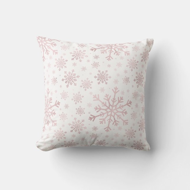 Pretty Pink Christmas Snowflakes on Winter White Cushion (Front)