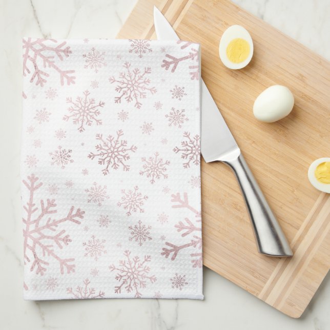 Pretty Pink Christmas Snowflakes on Winter White  Tea Towel (Quarter Fold)